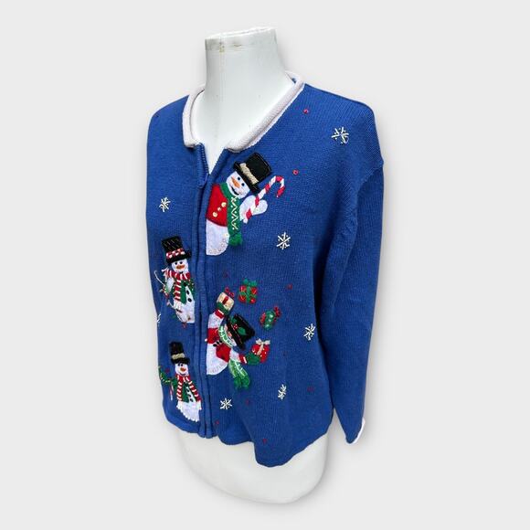 VTG Heirloom Collectibles Snowman Christmas Cardigan Sweater Blue Women's Large - Picture 2 of 12